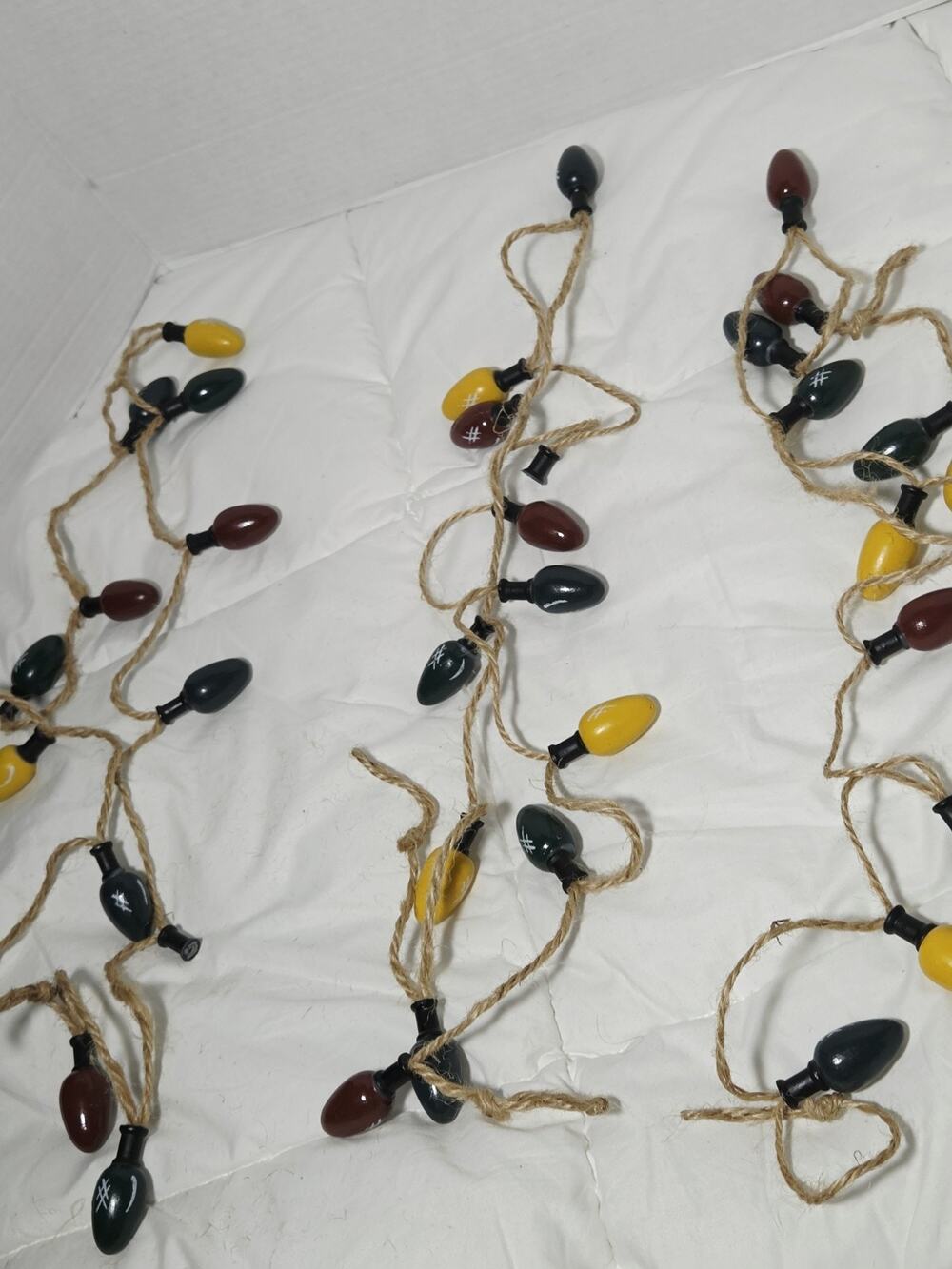 Vtg Set 3 Painted Wooden Bulbs Strings "Christmas Lights" Garland Holiday Decor